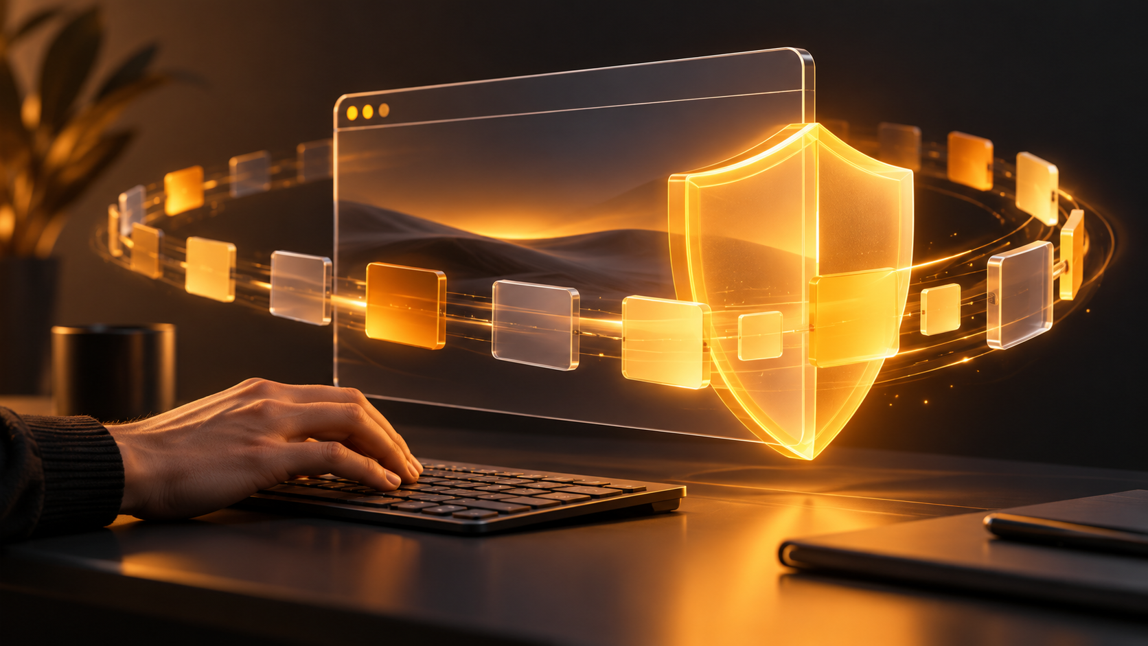 Ilustración generada conceptual de actualizaciones de seguridad con menos interrupciones; no representa la interfaz real de Edge