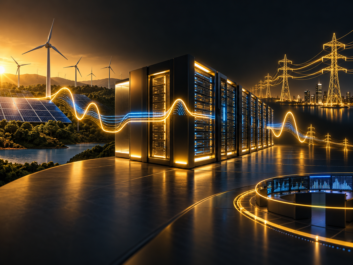 Ilustración editorial propia de un centro de datos conectado a una red eléctrica flexible