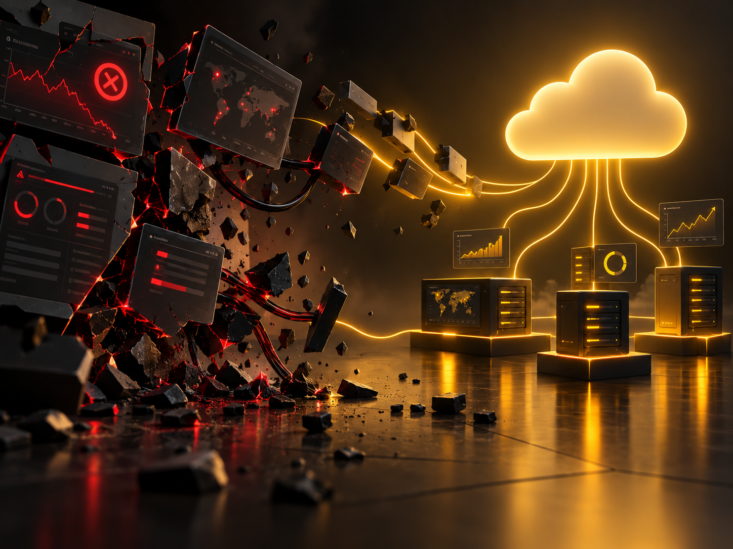 Ilustración editorial propia de una plataforma en la nube durante una interrupción