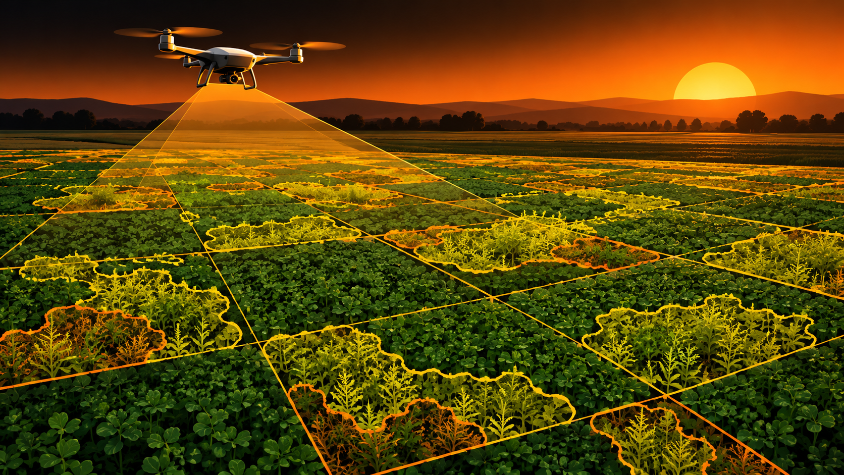 Ilustración editorial generada: un dron genérico y clasificación conceptual de cobertura vegetal; no representa el ensayo real