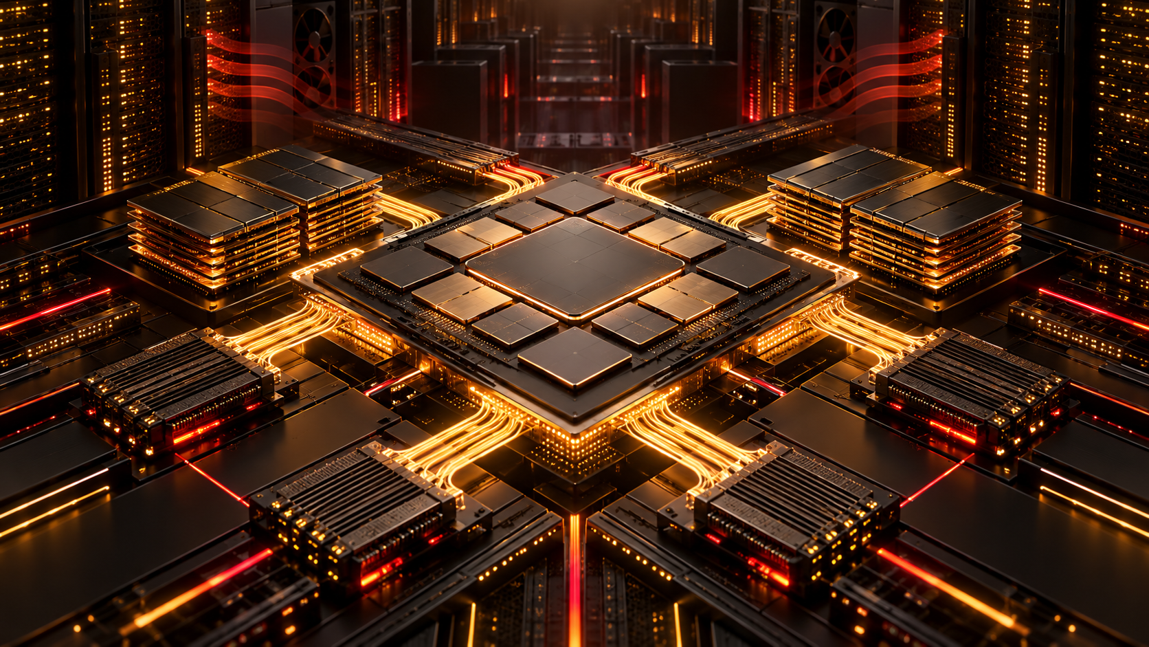 Ilustración generada conceptual de un acelerador de inteligencia artificial modular dentro de un centro de datos; no representa hardware real