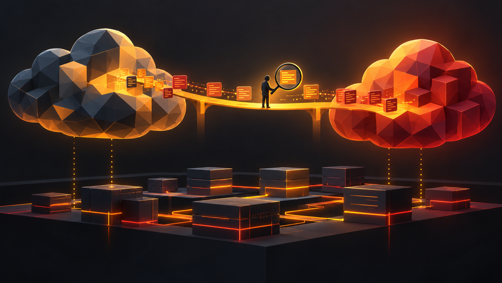 Ilustración generada conceptual de conversión de código entre nubes; no representa interfaces reales