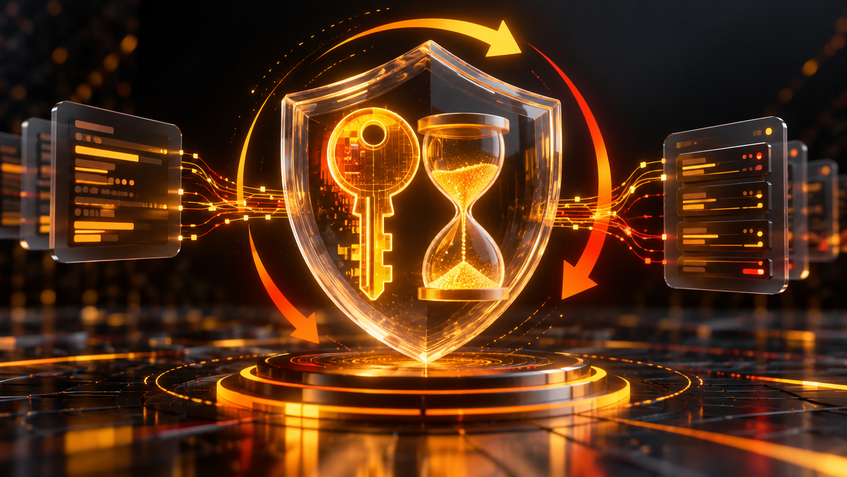 Ilustración conceptual generada de una llave digital, un reloj de arena y un escudo; no representa una interfaz real