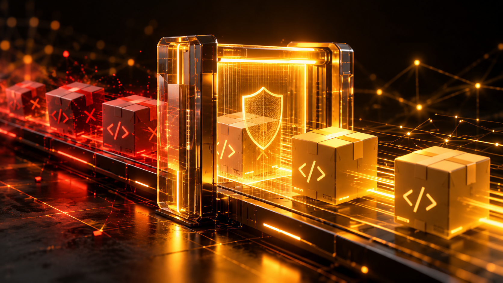 Ilustración generada conceptual de paquetes de software atravesando un control de seguridad; no representa una interfaz real