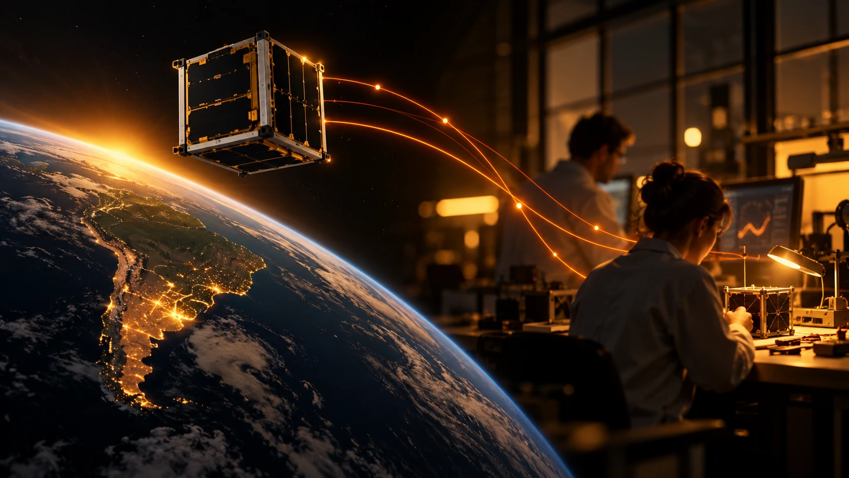 Ilustración generada conceptual de ingeniería satelital universitaria; no representa el equipo real USAT-1